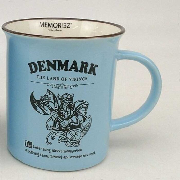 Danmark - blå krus med Viking og historie